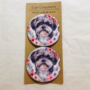 Handmade Floral Shih Tzu Dog Neoprene Car Coasters Set
